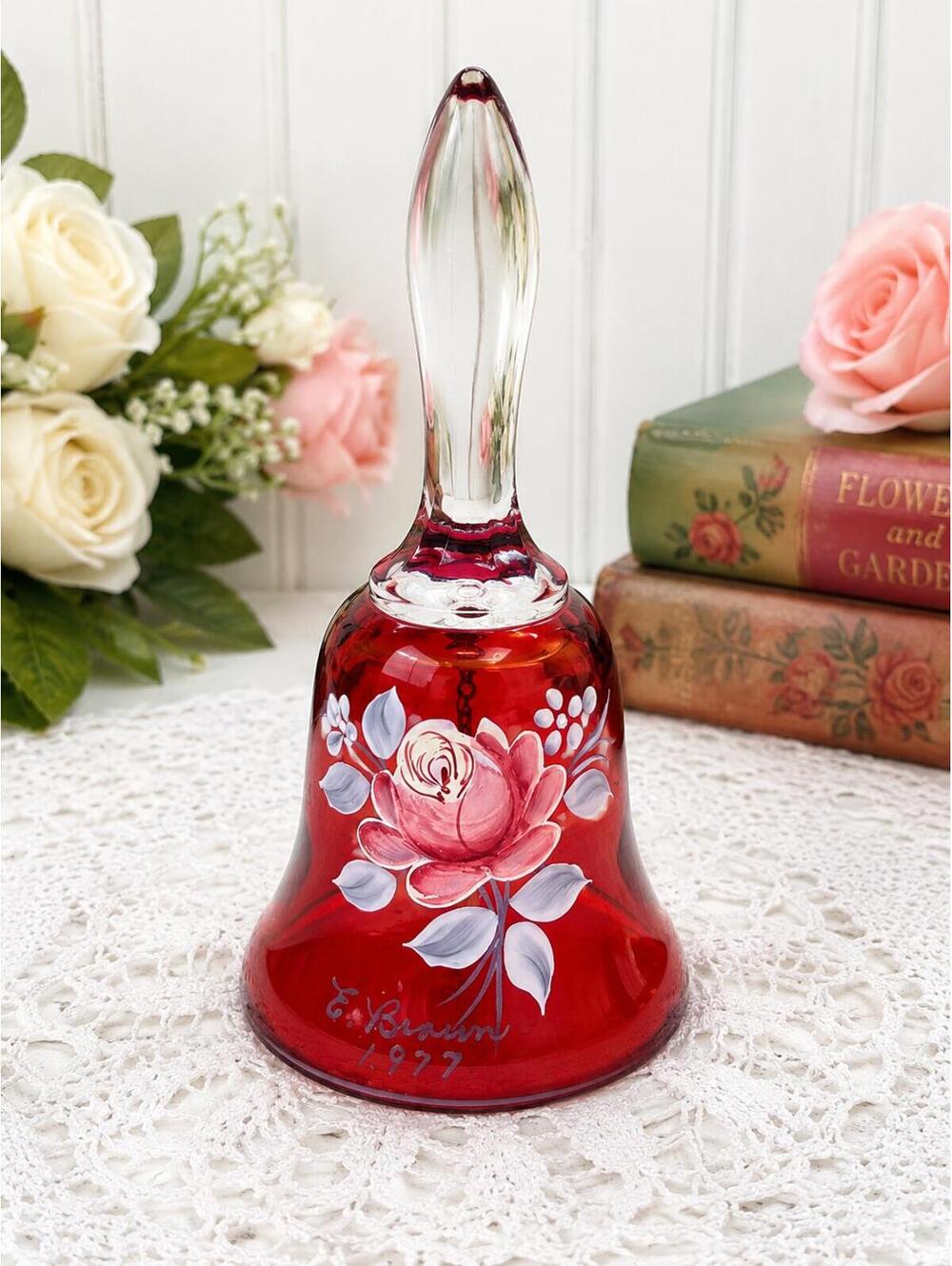 Vintage Westmoreland Red Glass Bell 1977 Signed E Brown Hand Painted